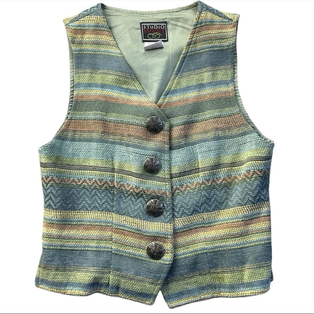 Vintage 80s Southwest Tapestry Vest Pewter Buttons Aztec Studio West USA made- S